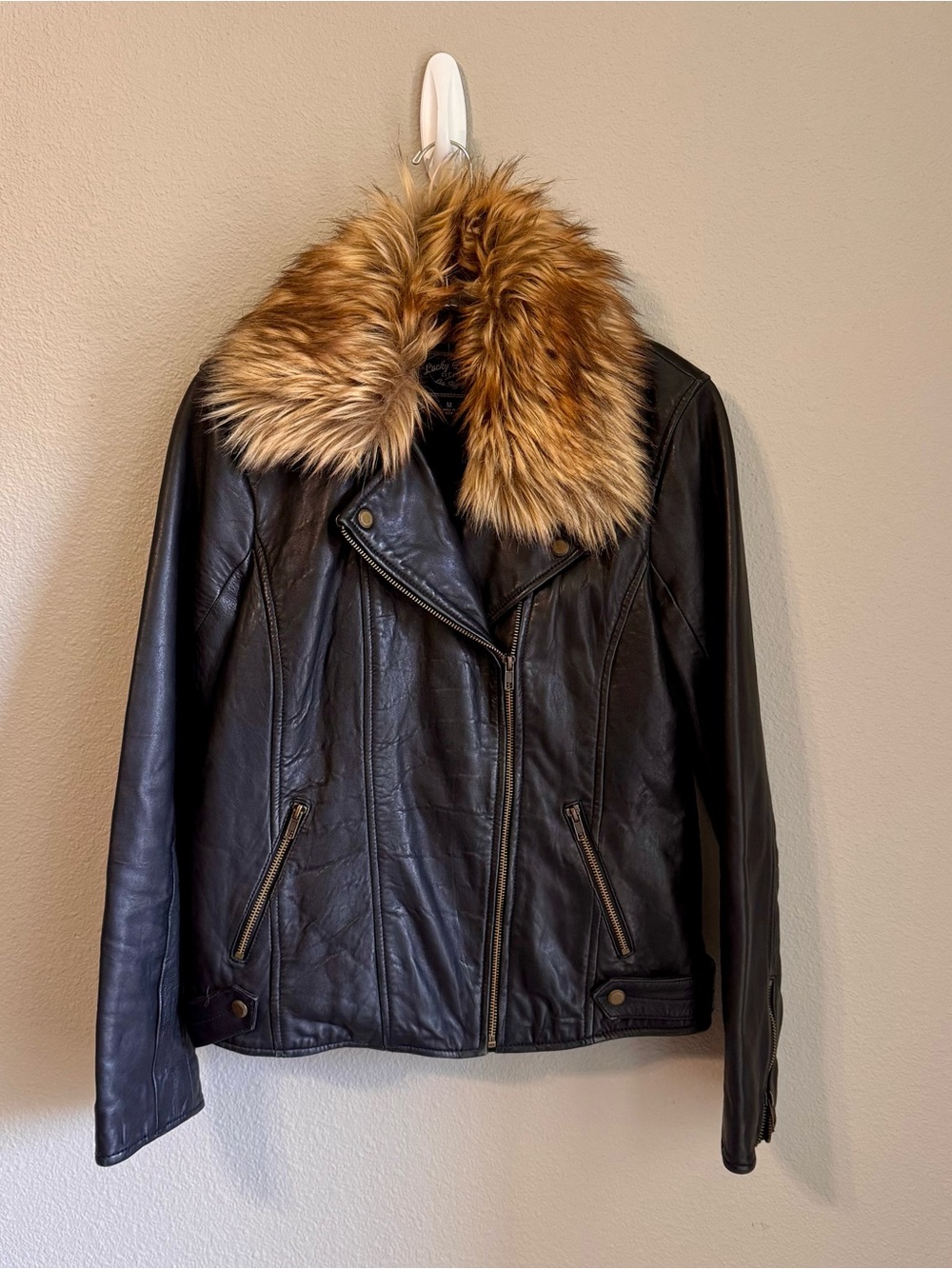 Lamb Leather Jacket with Removable Faux Fur Collar